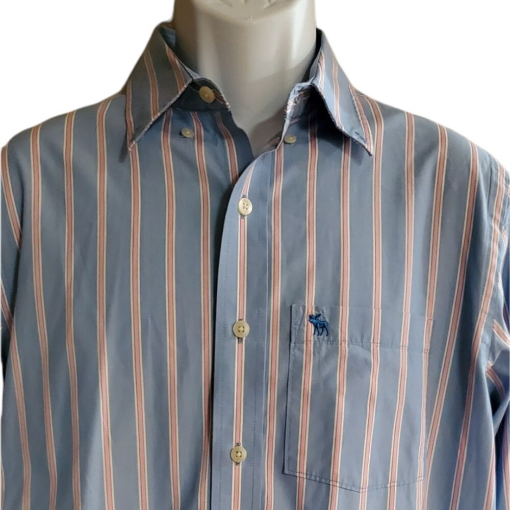 Mens Abercrombie & Finch Blue Pink Vertical Striped Muscle Fit Dressy Buttondown - Picture 2 of 8